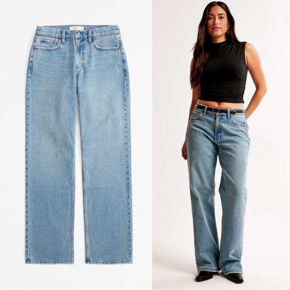 A&F • Curve Love Low Rise Baggy Jean medium light wash faded distressed loose - Picture 1 of 12